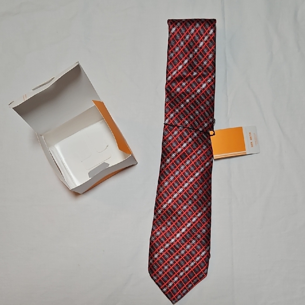 NEW Dan Smith Neck Tie in Gift Box Red Gray Checkered Striped Necktie Handmade